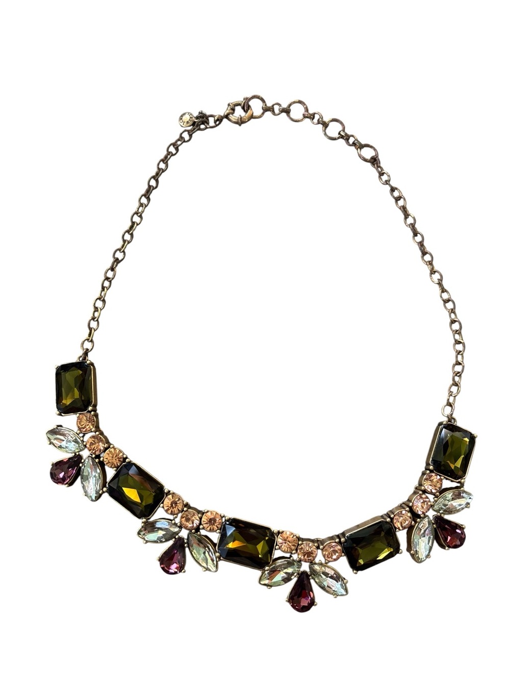 J. Crew Olive Green, Champagne and Ruby Crystal Statement Necklace